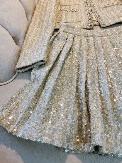 Spring Champagne Beaded Rhinestone Two Piece Dress Sets Long Sleeve Round Neck Tweed Pockets Coat + High Waist Pleated Short Skirt Set Two Piece Suits D3N233219