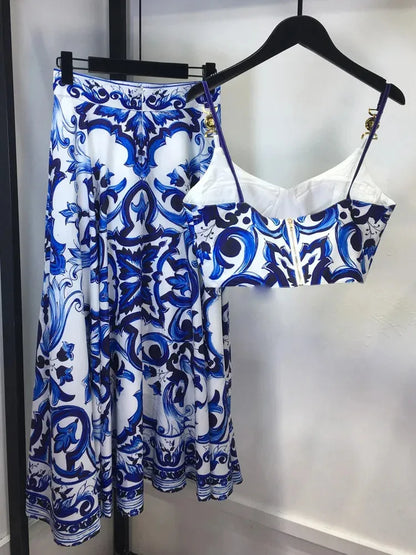 Banulin Bohemain 2-piece set of blue and white ceramic tiles womens spaghetti shoulder strap gold button vest topprinted long sleeved tight fitting clothes 240508