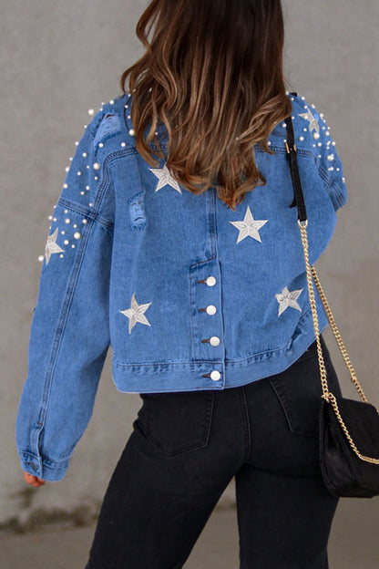 flowersverse flowersverse - Light Blue Casual Solid Beading Turndown Collar Long Sleeve Denim Jacket