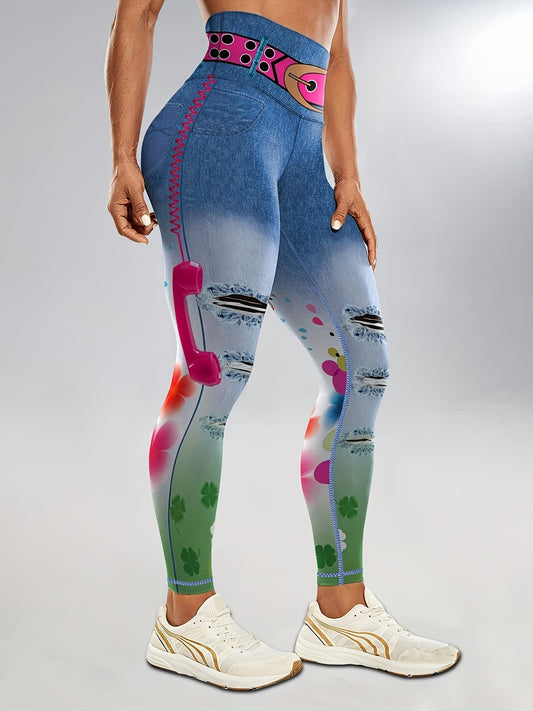 Faux Denim Print Color Butt Lifting Fitness Gym Sports Leggings, High Waist Yoga Workout Running Tight Pants, Women's Activewear