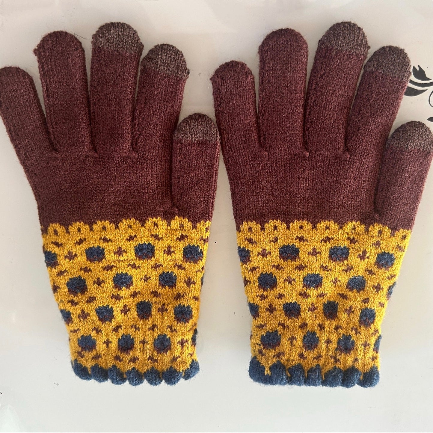 Full Finger Windproof Knit Gloves For Women, Floral Print Touch Screen Winter Cycling Gloves