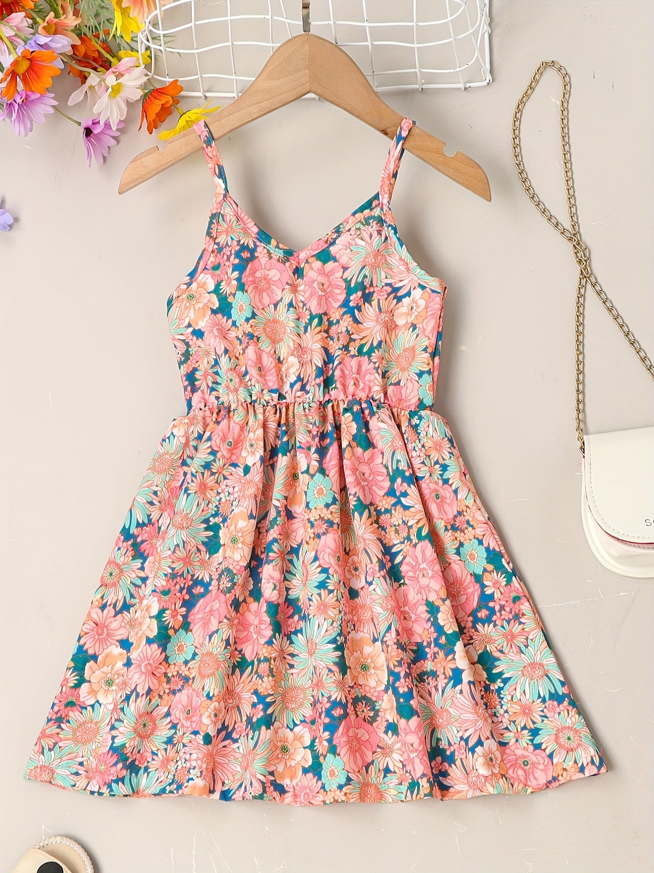 Girls' Summer Floral Sundress - Easy-Care, Durable Fabric with Casual V-Neck & Elastic Waist