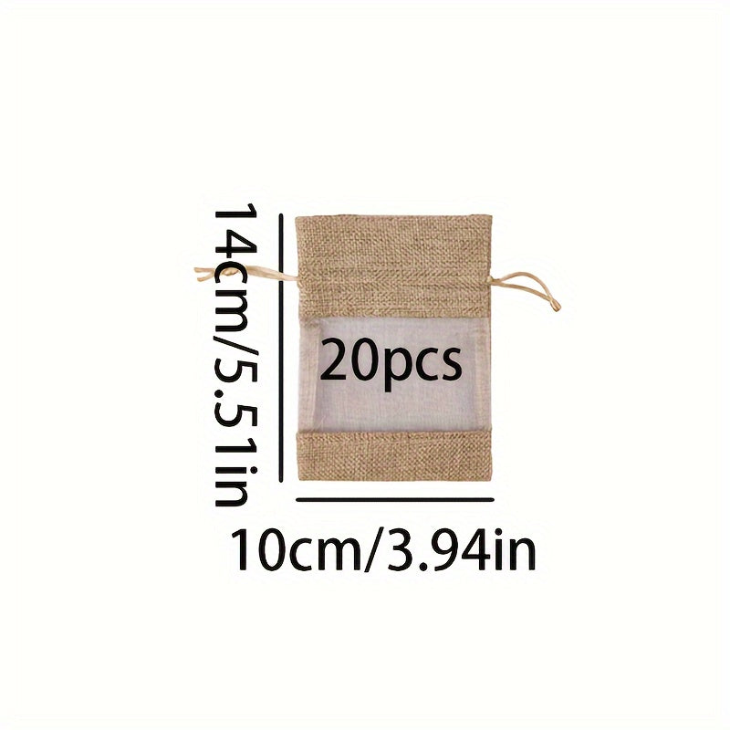 20pcs Transparent Window Gift Bag, Burlap Organza Splicing Drawstring Bag, Party Favor Supplies, Christmas & New Year Gift Wrapping And Storage Supplies