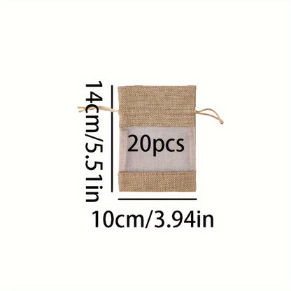 20pcs Transparent Window Gift Bag, Burlap Organza Splicing Drawstring Bag, Party Favor Supplies, Christmas & New Year Gift Wrapping And Storage Supplies