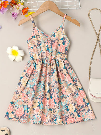 Girls' Summer Floral Sundress - Easy-Care, Durable Fabric with Casual V-Neck & Elastic Waist