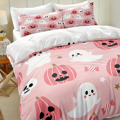 Halloween & Ghost Themed Duvet Cover Set, 3 Piece - 100% Polyester Lightweight Sanded Fabric, All-Season Digital Printed Bedding with Zipper Closure - Includes 1 Duvet Cover and 2 Pillowcases, Machine Washable, No Duvet Insert