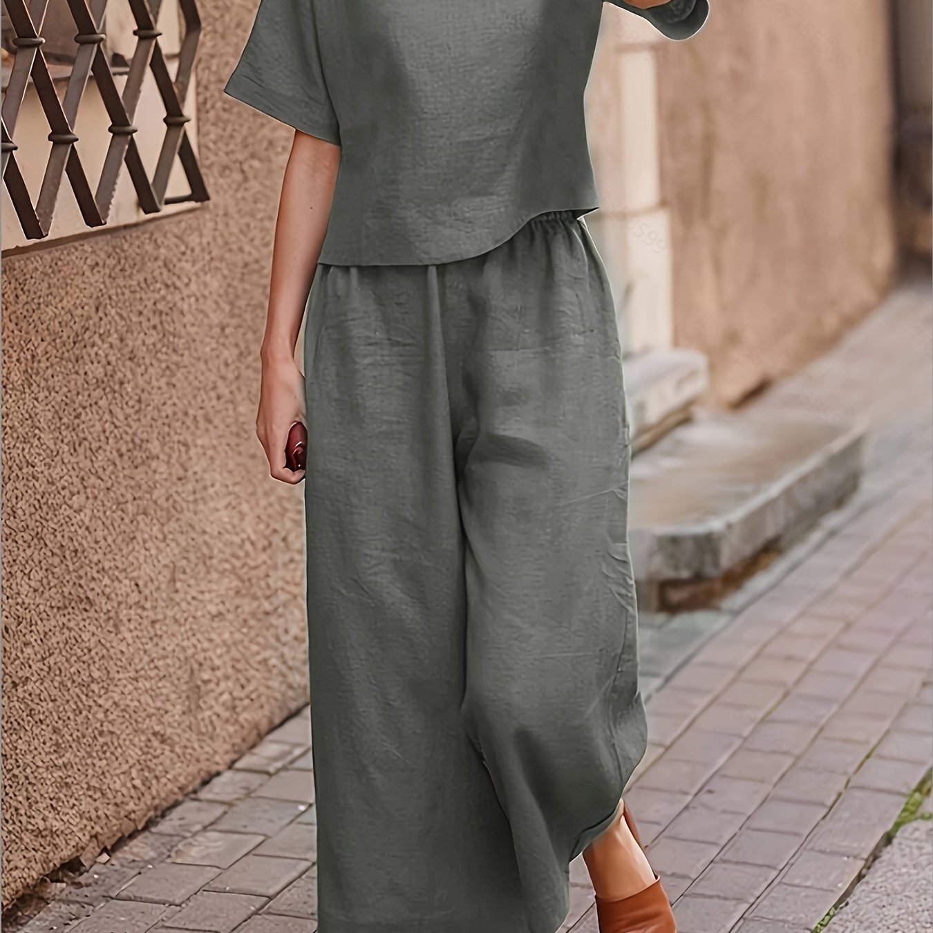 Solid Two-piece Set, Crew Neck Casual T-Shirt & Wide Leg Pants, Women's Clothing