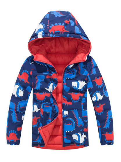 Ultra-Soft Dino Thrill Reversible Quilted Jacket - Insulated Zip Up Hooded Coat for Little Adventurers - Perfect Warm Winter Wear & Gift Idea for Boys