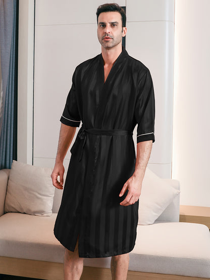 Men's Luxurious Short Sleeve Ice Silk Kimono Robe - Lightweight, Breathable, Striped Print, Drawstring Design, Perfect for Spring, Autumn, and Summer Home Lounge Wear