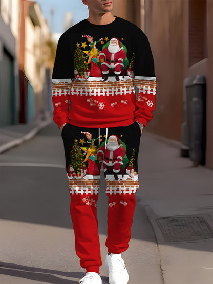 Men's Festive Christmas Outfit Set - Casual Long Sleeve Crew Neck Sweatshirt & Joggers with Santa Print, Machine Washable