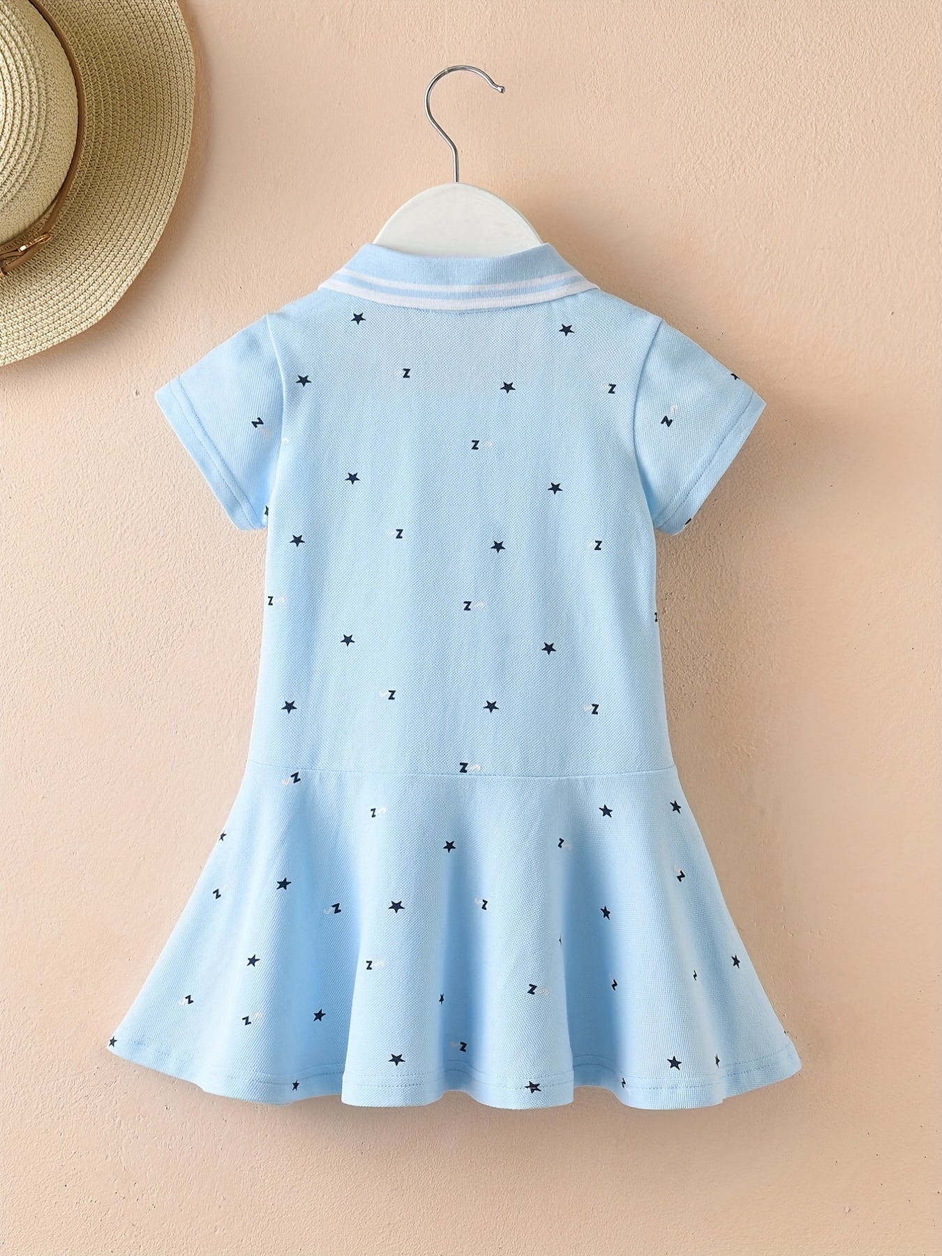 Girls' Summer Sporty Cotton Dress - Embroidered Stars, Polo Collar, Flared Ruffle Hem