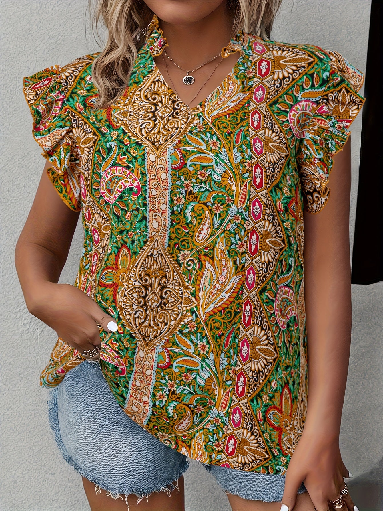 Plus Size Floral Blouse - Elegant V-Neckline, Ruffled Bell Sleeves, Relaxed Casual Fit - Perfect for Warm Weather, Designed for Plus Size Womens Summer Clothing