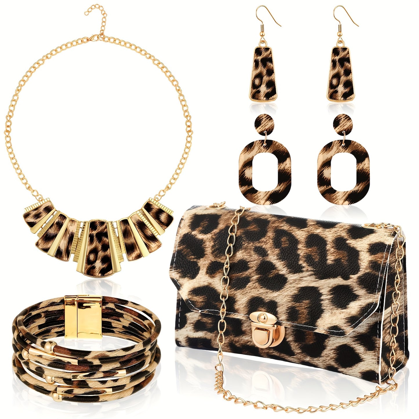 Chic 5pcs Leopard Print Jewelry Set For Women - Includes Clutch, Earrings, Leather Wrap Bracelets & Tassel Necklace Earrings For Women Jewelry For Women