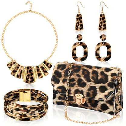 Chic 5pcs Leopard Print Jewelry Set For Women - Includes Clutch, Earrings, Leather Wrap Bracelets & Tassel Necklace Earrings For Women Jewelry For Women