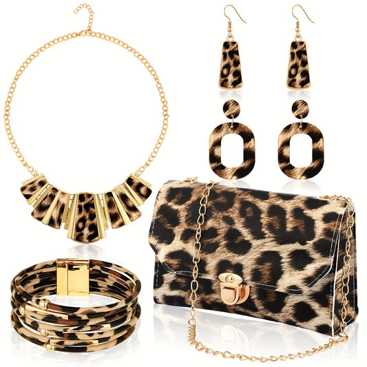 Chic 5pcs Leopard Print Jewelry Set For Women - Includes Clutch, Earrings, Leather Wrap Bracelets & Tassel Necklace Earrings For Women Jewelry For Women