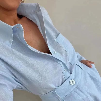 Aoaiiys White Short Sets Women Shirts Long Sleeve Linen Loose Blouse High Waist Shorts Suit Summer 2 Piece Womens Outfits 240518