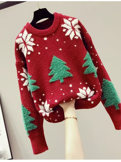 Elegant Christmas Tree Pullover Sweater for Women - 100% Polyester Knit Fabric, Crew Neck, Regular Fit, Festive Pattern, Comfortable for Fall/Winter - Middle East Collection