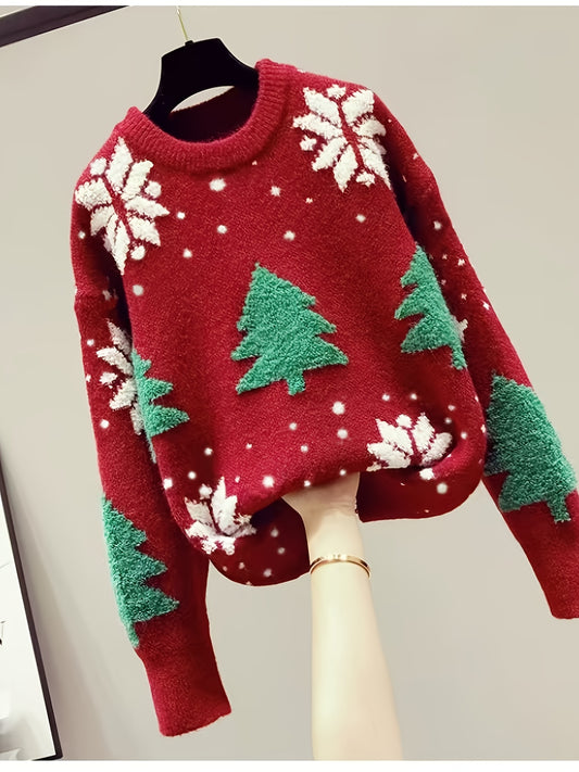 Elegant Christmas Tree Pullover Sweater for Women - 100% Polyester Knit Fabric, Crew Neck, Regular Fit, Festive Pattern, Comfortable for Fall/Winter - Middle East Collection