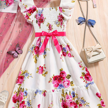 Summer Blossom: Elegant Floral Fit & Flare Dress for Girls - Sleeveless with Applique, Ruffle Trim, Durable & Easy-Care