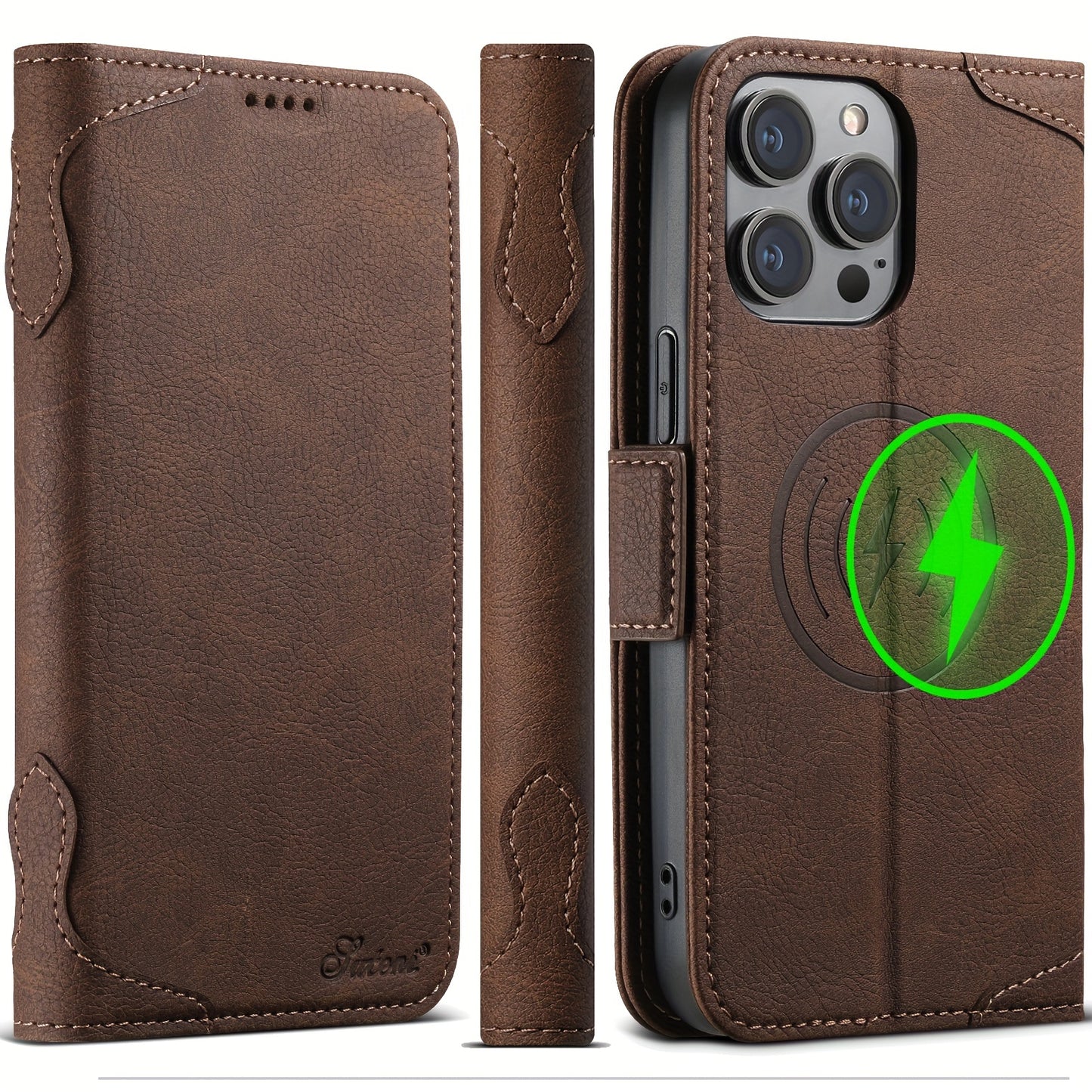 iPhone 12/13/14/15 Plus Pro Max Compatible - Premium Faux Leather Wireless Charging Magnetic Clamshell Phone Holster Wallet with Strong Magnetic Buckle and Card Slots - SUTENI Brand