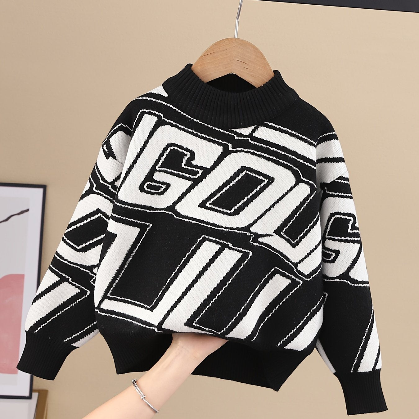 Kid's Color Clash Letter Jacquard Sweater, Street Style Cable Knit Pullover, Casual Long Sleeve Top, Boy's Clothes For Fall Winter, As Gift