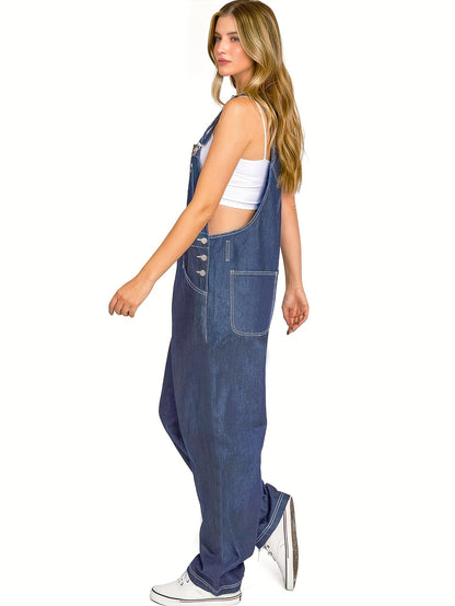 Plain Loose Fit Streetwear Adjustable Strap Contrast Seam Stitching Denim Overalls Dungarees, Women's Denim Jeans & Clothing