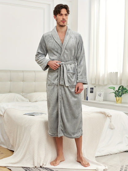 Bathrobe For Men Autumn And Winter Flannel Robe Warm Long Solid Color Lapel Double Pockets Fleece Nightwear