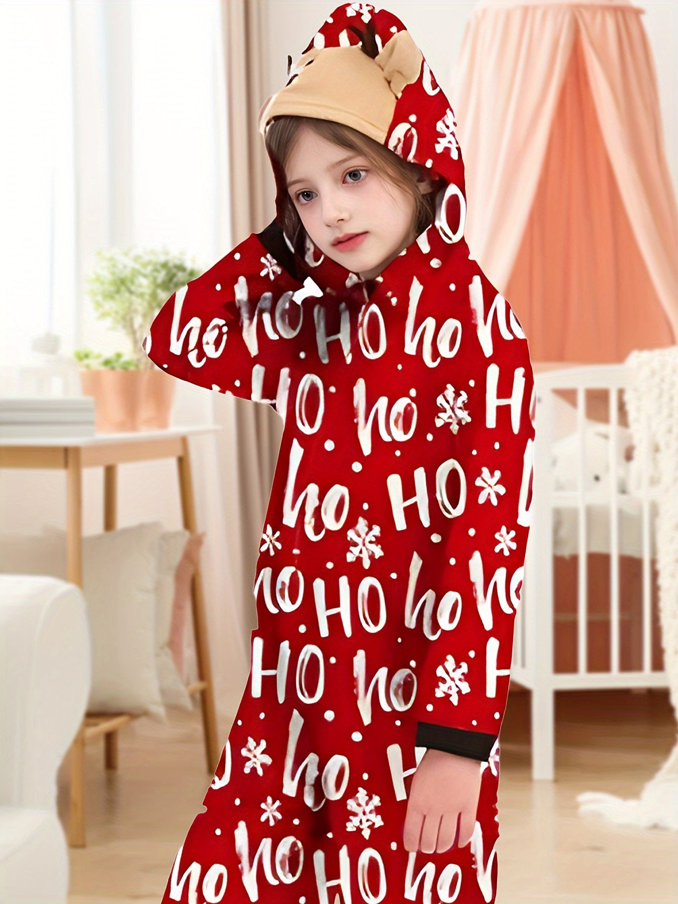 Holiday Festive Zip-Up Hooded Onesie with Alphabetic Print, Unisex Long Sleeve Polyester Jumpsuit with Slight Stretch, Casual Hoodie with Zipper Detail, Regular Fit Woven Fabric for Family Matching Outfits