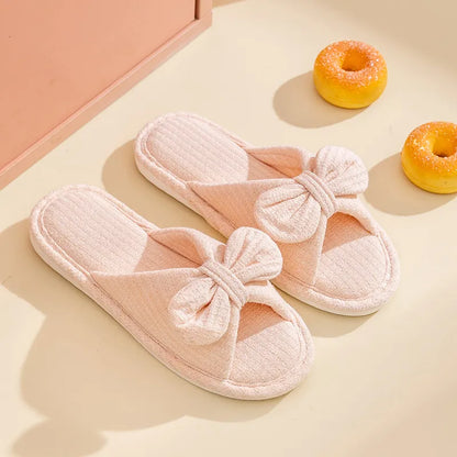 New ins bow knitted cotton home slippers cute teenage open toe couple sandals women