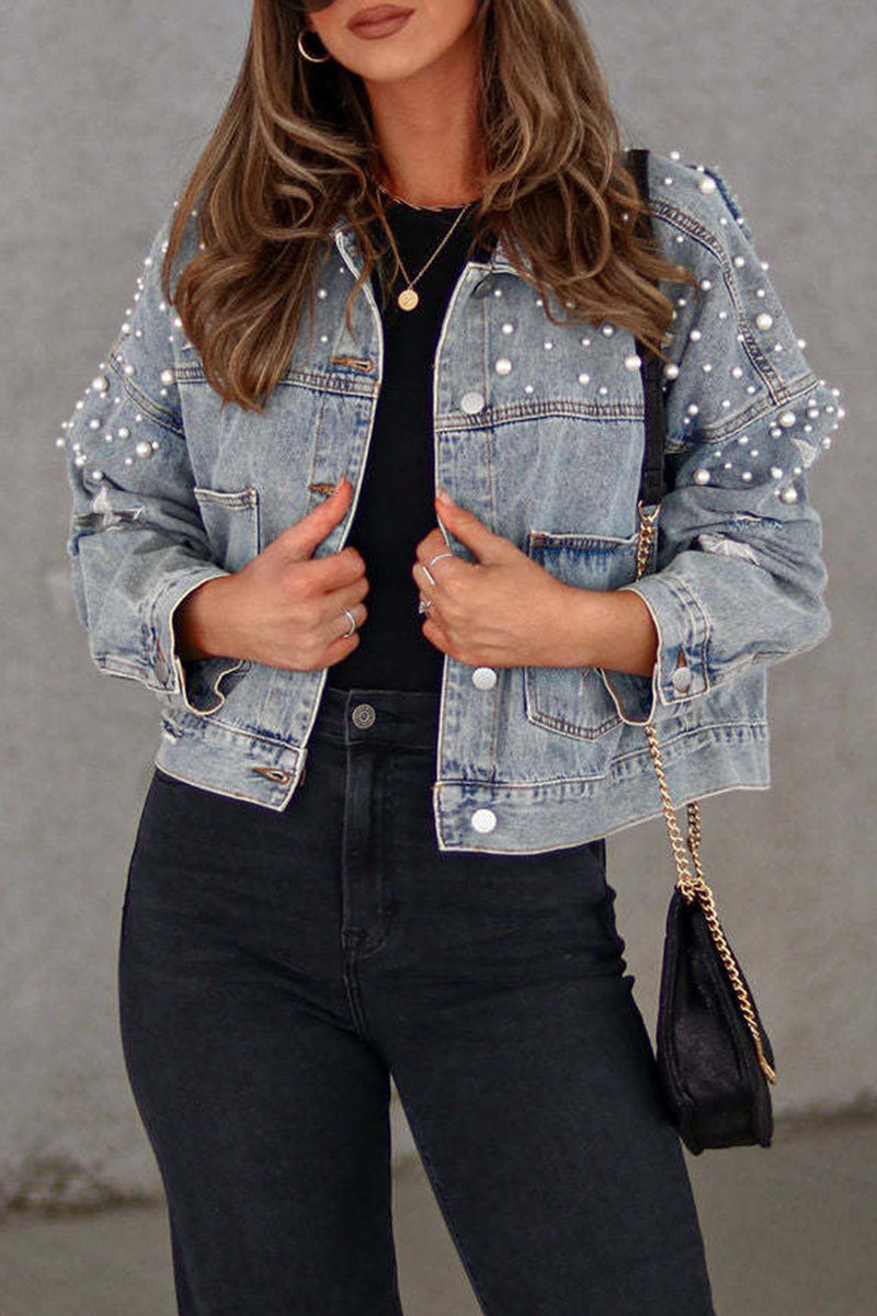 flowersverse flowersverse - Light Blue Casual Solid Beading Turndown Collar Long Sleeve Denim Jacket