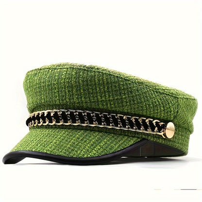 Chic Women's Cotton Beret with Chain Detail - Sun-Protective, Non-Stretch, Casual Fashion Painter Cap for Spring & Summer