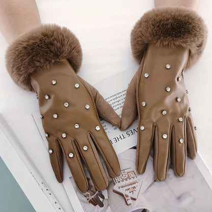 Thick Soft Plush Cuff Gloves Rhinestone Decor PU Leather Gloves Autumn Winter Windproof Touchscreen Gloves