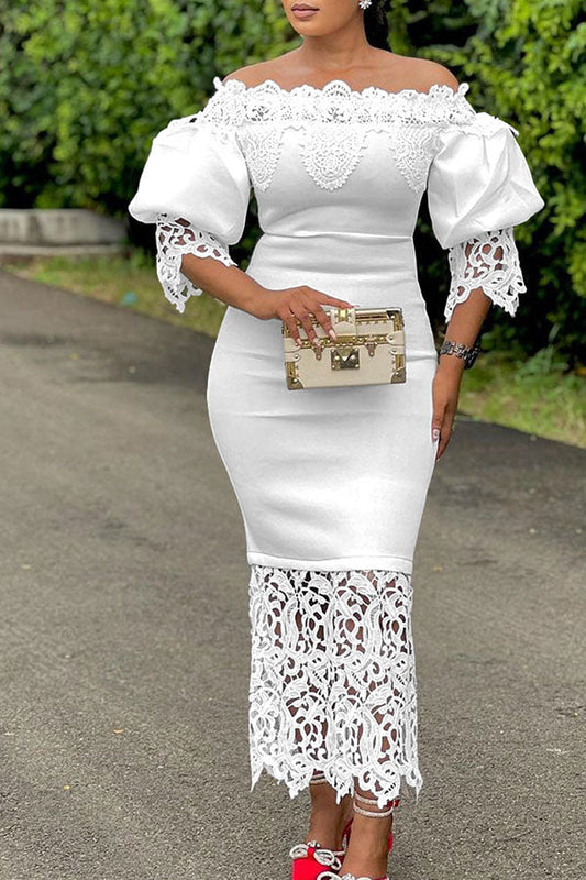 namcoverse Lace Patchwork Elegant Off Shoulder Midi Dress