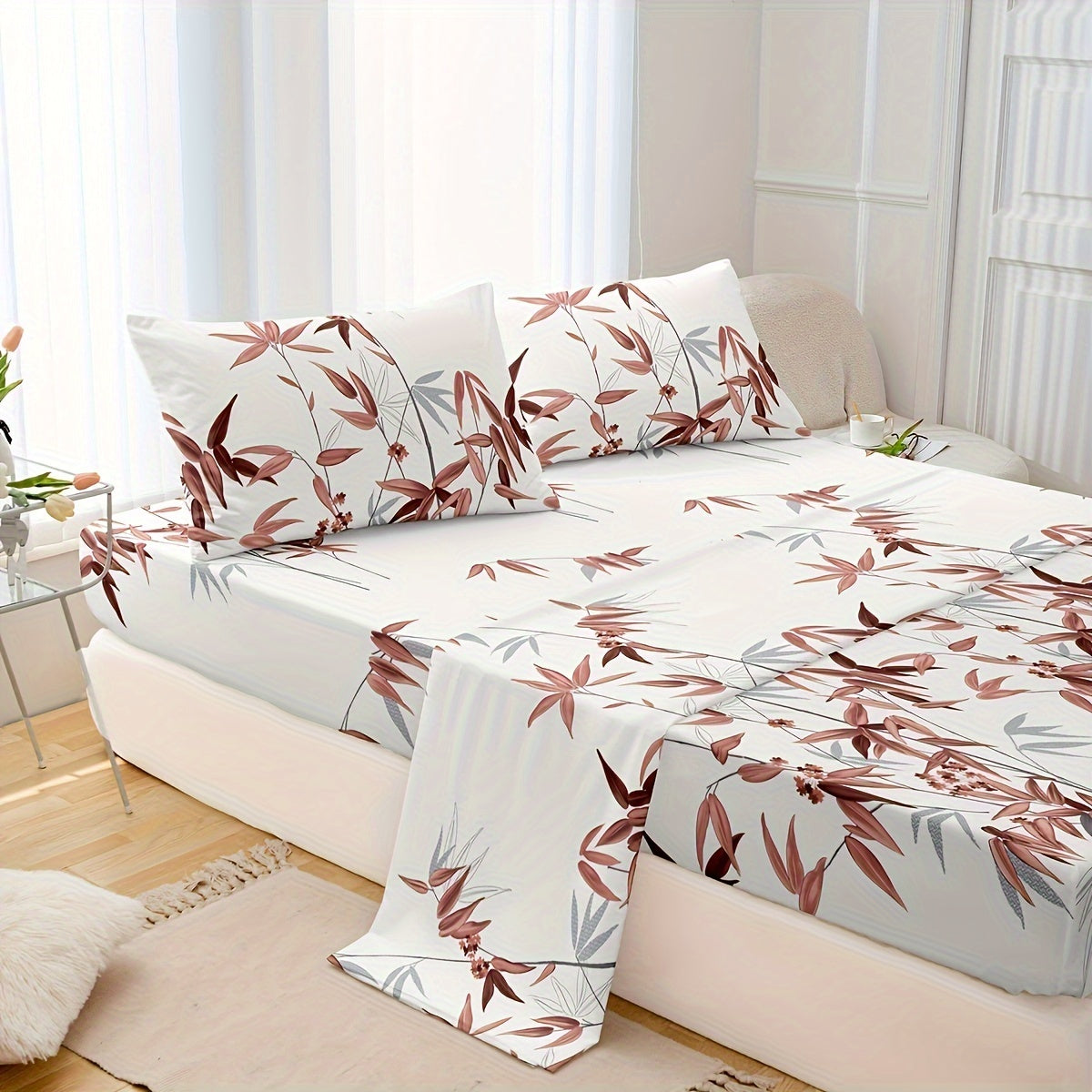 4pcs Luxurious Bamboo Leaf Print Fitted Sheet Set - Soft, Breathable, Comfortable, Hypoallergenic Bedding for Bedroom, Guest Room - 1 Flat Sheet, 1 Fitted Sheet, 2 Pillowcases, No Core Included, Easy Care, Wrinkle-Resistant, and Fade-Proof