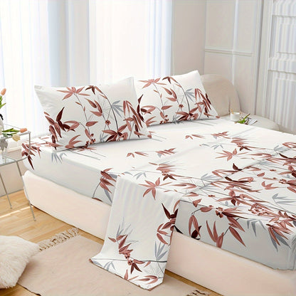 4pcs Luxurious Bamboo Leaf Print Fitted Sheet Set - Soft, Breathable, Comfortable, Hypoallergenic Bedding for Bedroom, Guest Room - 1 Flat Sheet, 1 Fitted Sheet, 2 Pillowcases, No Core Included, Easy Care, Wrinkle-Resistant, and Fade-Proof