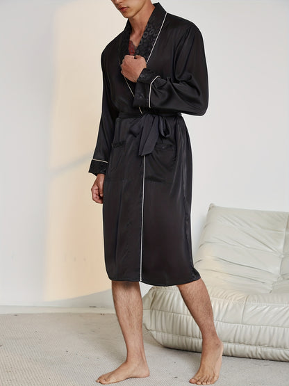 Men's Long Sleeve Bathrobe With Dark Leopard Print, Sleepwear For Spring And Summer