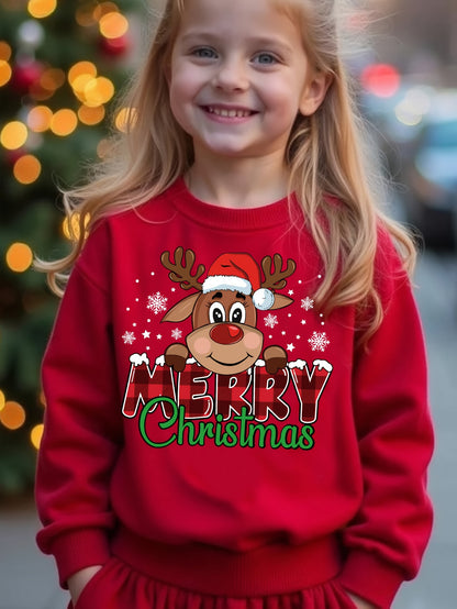 Girls Fleece Warm Sweatshirt Merry Christmas Letter Print Super Cute Elk Pattern Casual Long Sleeve Pullover Tops for Autumn And Winter