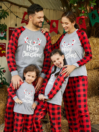 PatPat Christmas Family Matching Merry Antler Graphic Letter Print Plaid Design Crew Neck Round Neck Long*Sleeve Sets (Flame Resistant) For Spring & Autumn/Fall & Winter