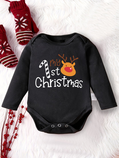 My 1st Christmas" Cute Long-Sleeve Onesie for Boys & Girls - Cozy Polyester, Festive Letter Print, Perfect for Fall/Winter, Perfect for Outdoor