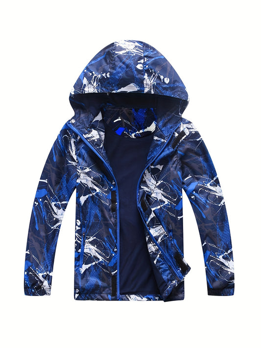 Boys Fashion Windbreaker Fleece Lining Hooded Jacket, Long Sleeve Zip Up Waterproof Jacket, Kids Clothing