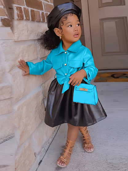 Girls Button Lapel Color Block PU Leather Dress With Belt Kids Clothes