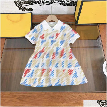 Girls Dresses 23Ss Princess Dress Short-Sleeved Kids Designer Clothes Lapel Lattice Splicing Belt Shirtdress Big Shirt Skirts Drop Del Dhnu8