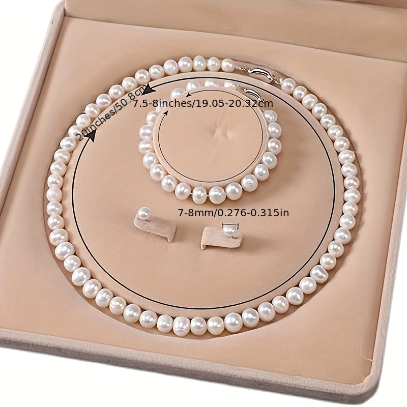 Pearl Jewelry Set - Chains Necklace with Stunning Pearl Bracelet and Stud Earrings for Women - Freshwater Cultured Pearl, Elegant, Luxurious, and Classic Accessory