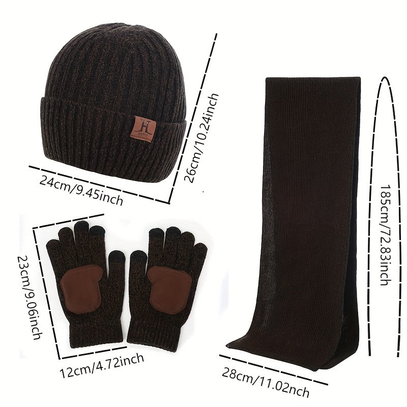 Winter Warmth Set for Men - Thickened Velvet Knitted Gloves with Non-Slip Touch Screen, Long Scarf, and Fashionable Hat for Cold Weather - Soft, Breathable, and Stylish Accessories for Outdoor Activities