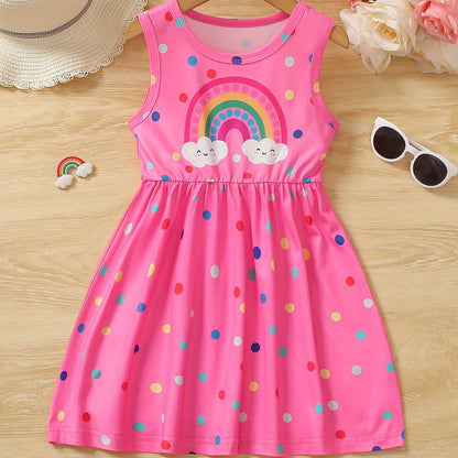 Girls Rainbow Charm - Vibrant Polka Dot Print Sleeveless Crew Neck Dress - Perfect Summer Fashion Gift for Little Princesses