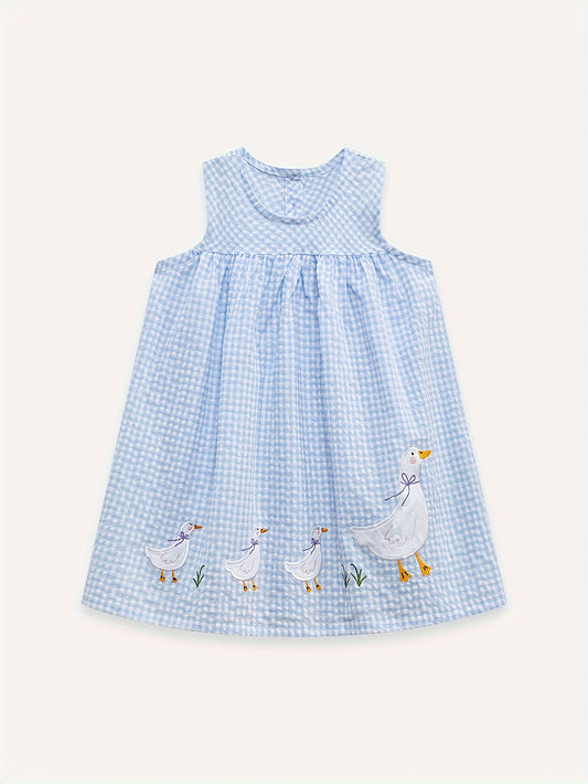 Adorable Girls Sleeveless Duck & Plaid Dress - Breathable Round Neck - Perfect for Summer Holidays - Casual & Fashionable
