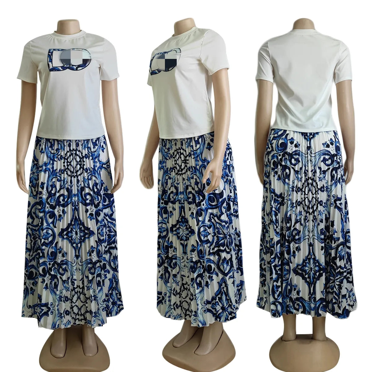 Designer Pleated Two Piece Dress Women Casual Short Sleeve T-shirt and Long Skirt Sets Free Ship