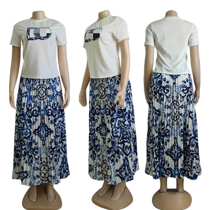 Designer Pleated Two Piece Dress Women Casual Short Sleeve T-shirt and Long Skirt Sets Free Ship