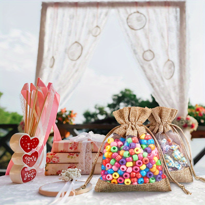 20pcs Transparent Window Gift Bag, Burlap Organza Splicing Drawstring Bag, Party Favor Supplies, Christmas & New Year Gift Wrapping And Storage Supplies