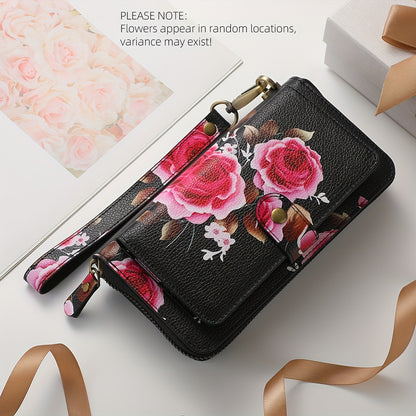 JIMI Elegant Floral PU Leather Clutch - Secure, Large Capacity Multi-Card Holder & Phone Wallet in Casual White